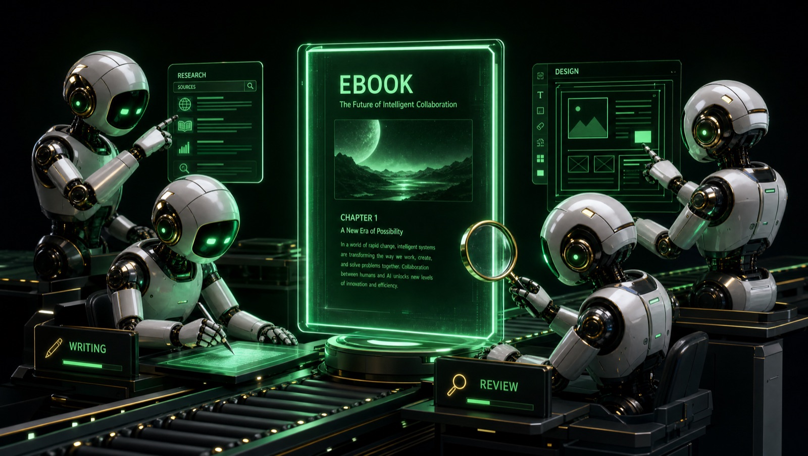 A team of AI agents assembling a digital product