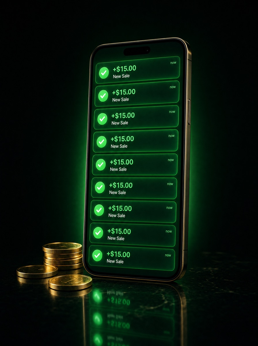 Phone showing a stack of new sale payment notifications